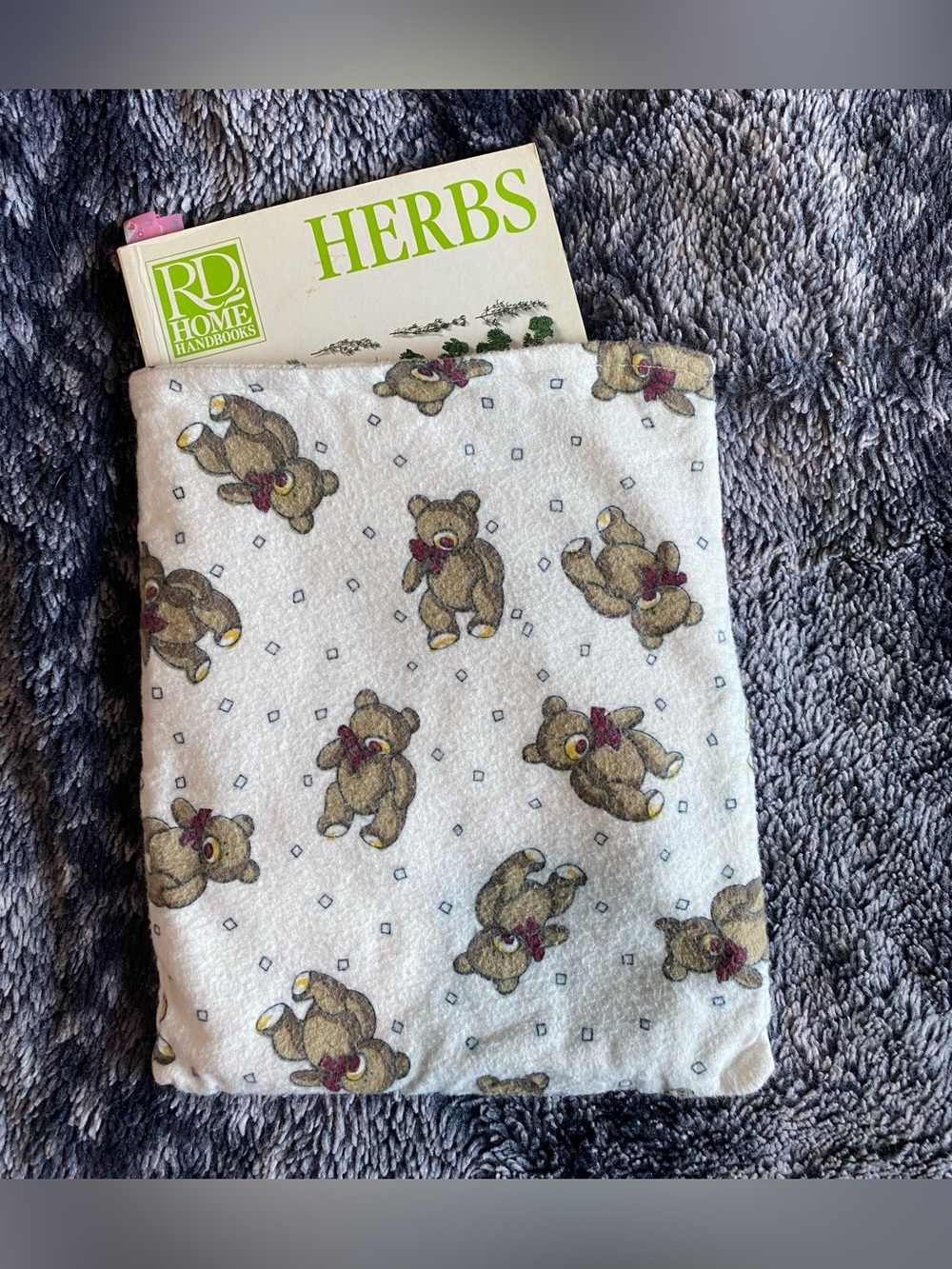 Handmade Cream Teddy Bear Print Fabric Book Sleeve Cover Pocket
